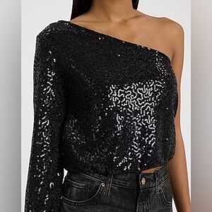 Express Sequin One Shoulder Long Sleeve Top